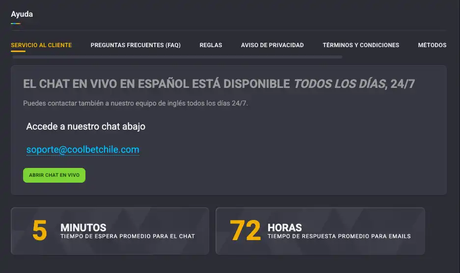 Canales de atención al cliente en coolbetchile